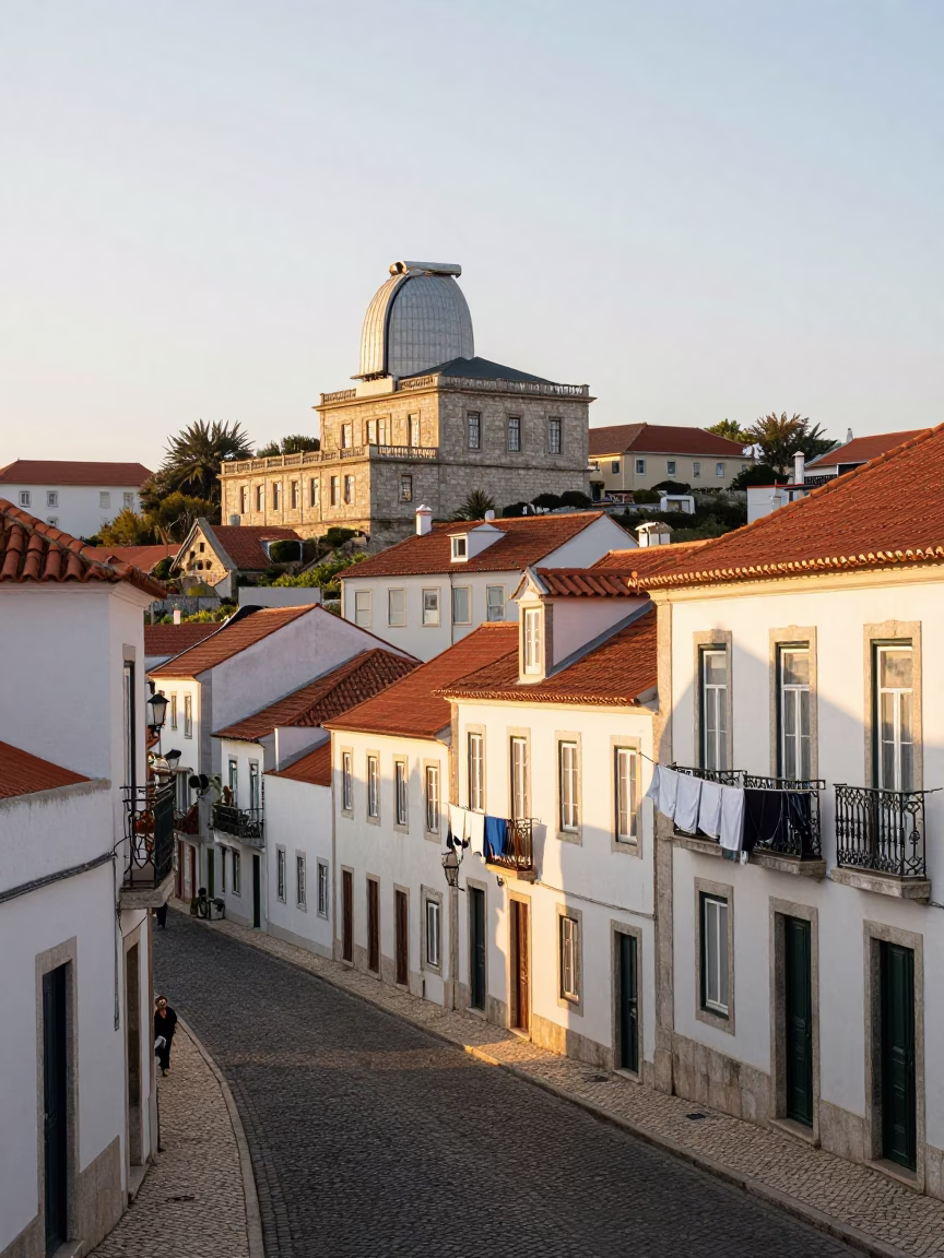 Morning light on Lisbon cobblestones with traditional stone observatory and coffee cups in in Lisbon, Portugal