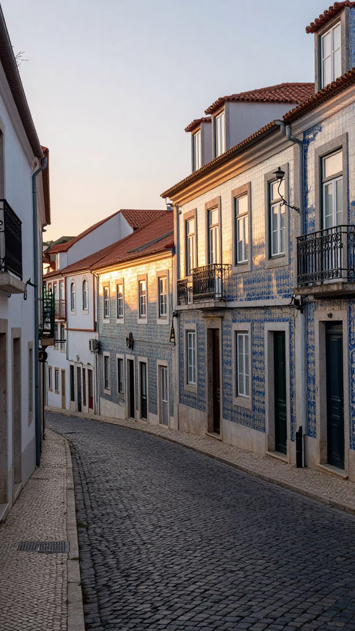 Morning Light on Lisbon's Historic Alfama Cobblestone Streets with Local Architecture in in Lisbon, Portugal
