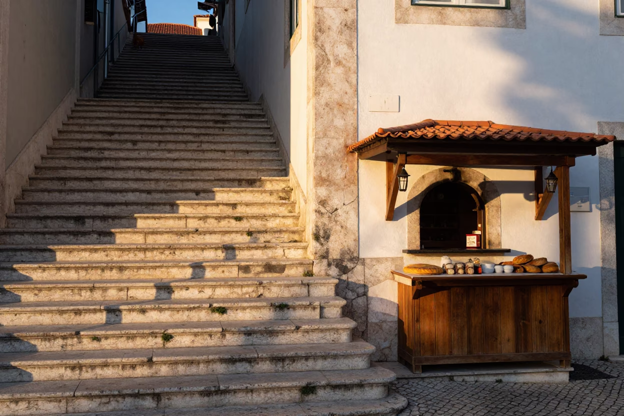 Morning Light on Lisbon Staircase with Traditional Bread Oven and Linen Tablecloth in in Lisbon, Portugal