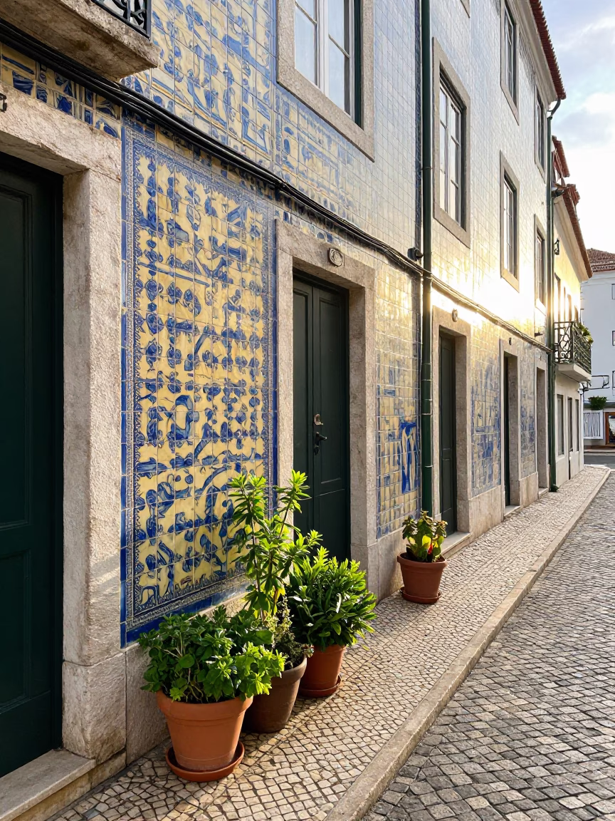 Morning Light on Lisbon Street with Potted Herbs and Spindle Chair in in Lisbon, Portugal