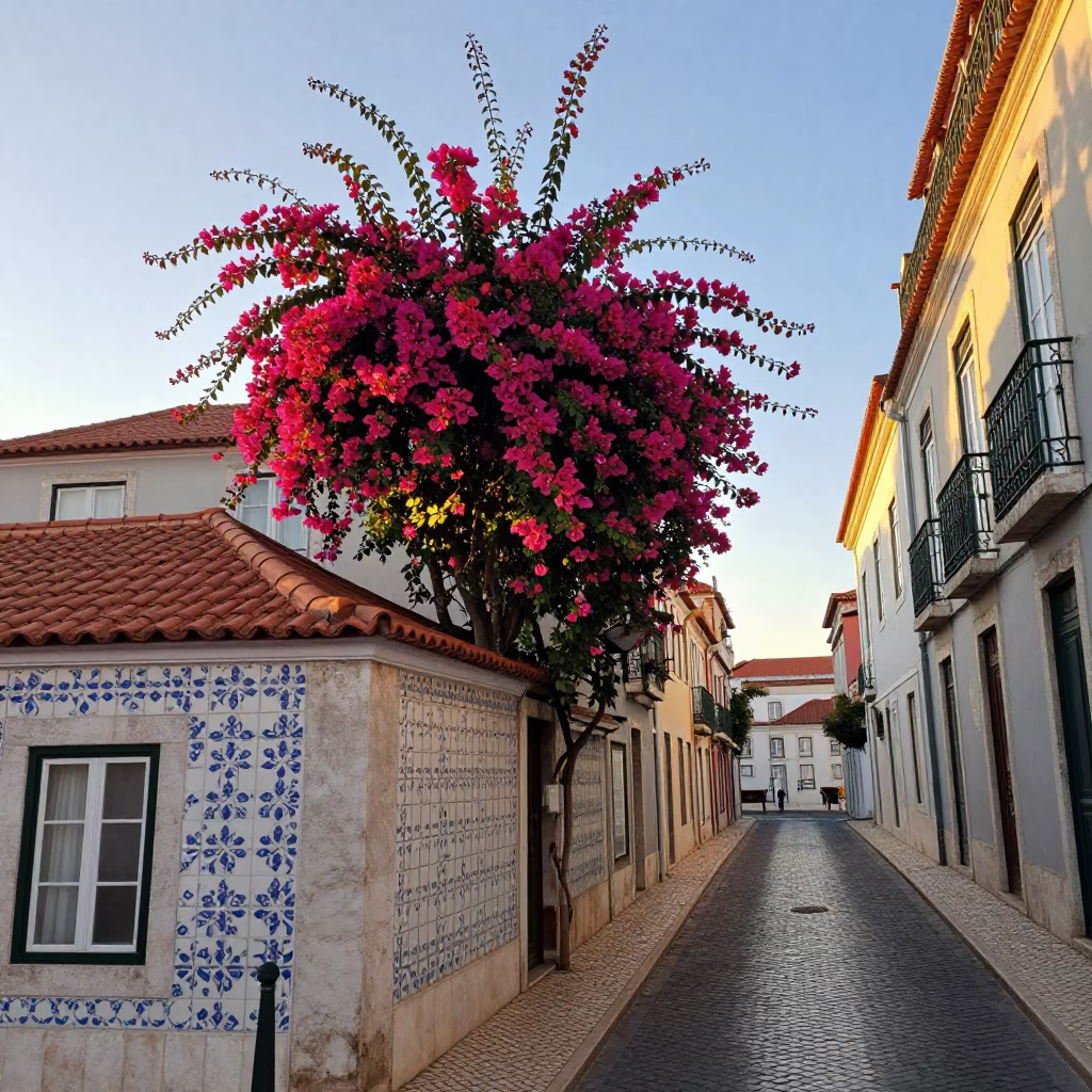 Morning light on Lisbon streets with bougainvillea and traditional gate in in Lisbon, Portugal