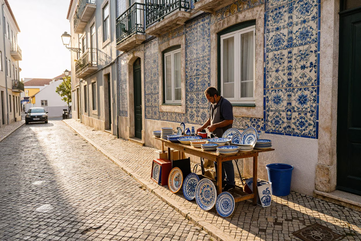 Morning light on Lisbon streets with vintage Italian majolica plate and local market vendor in in Lisbon, Portugal