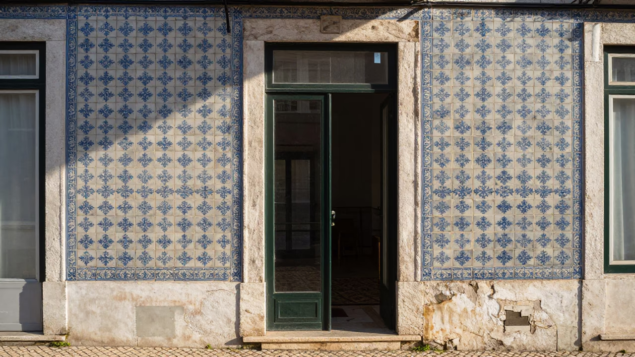 Morning light on Lisbon tiled facade with glass doorframe and street details in in Lisbon, Portugal