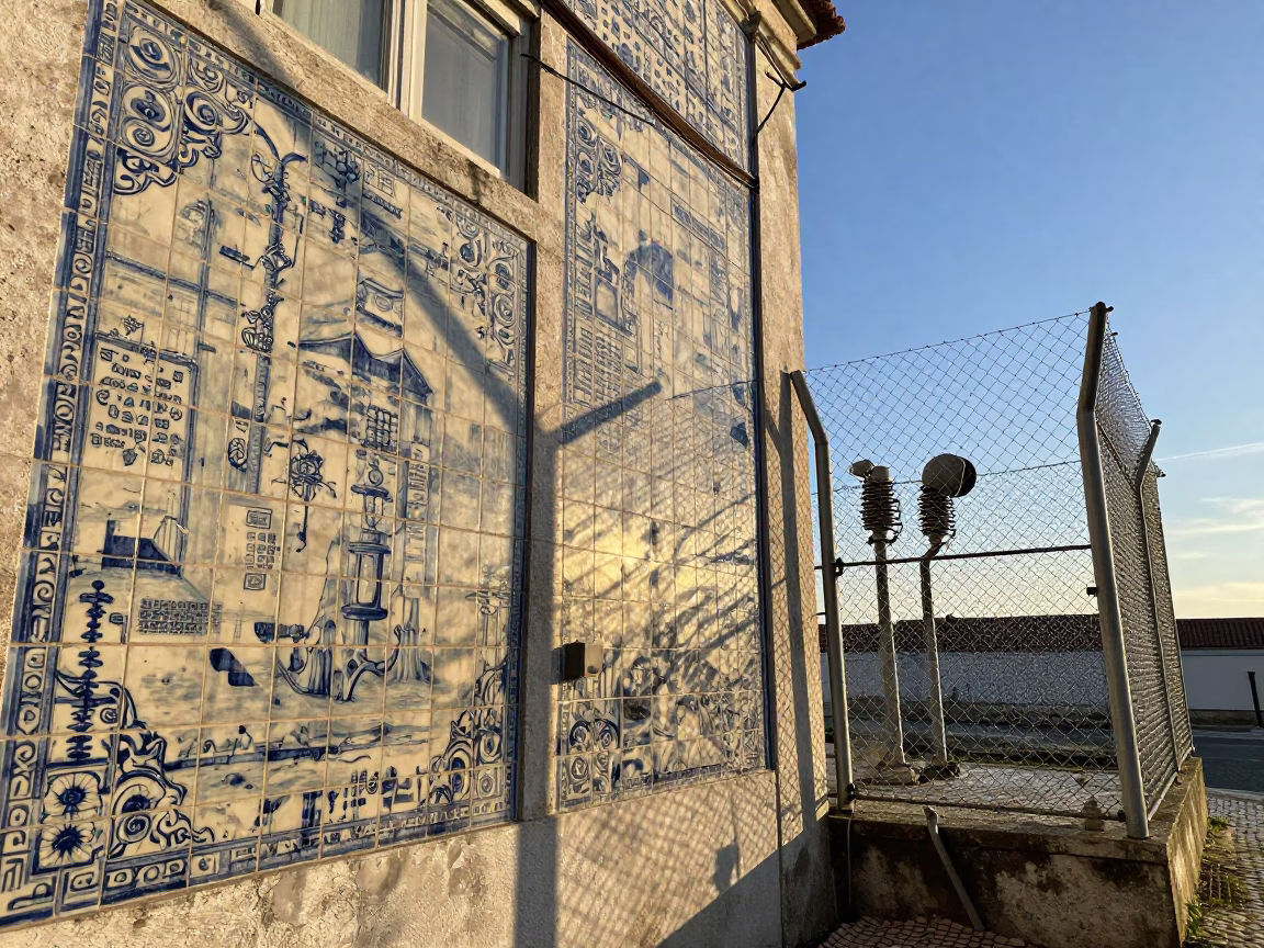 Morning light on Lisbon tiled walls near substation fence with dew and warning placards in in Lisbon, Portugal