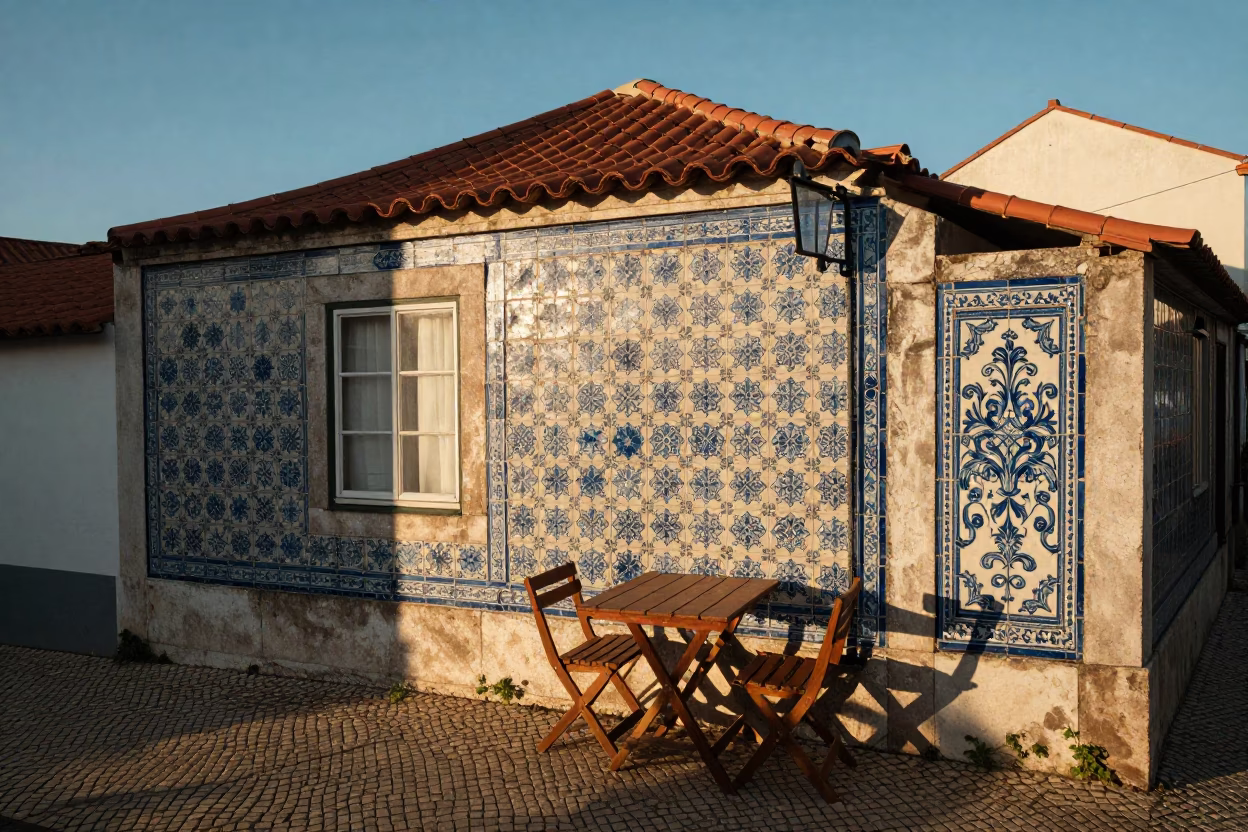 Morning Light on Lisbon Tiles and Wicker Shadows on a Traditional Cafe Table in in Lisbon, Portugal