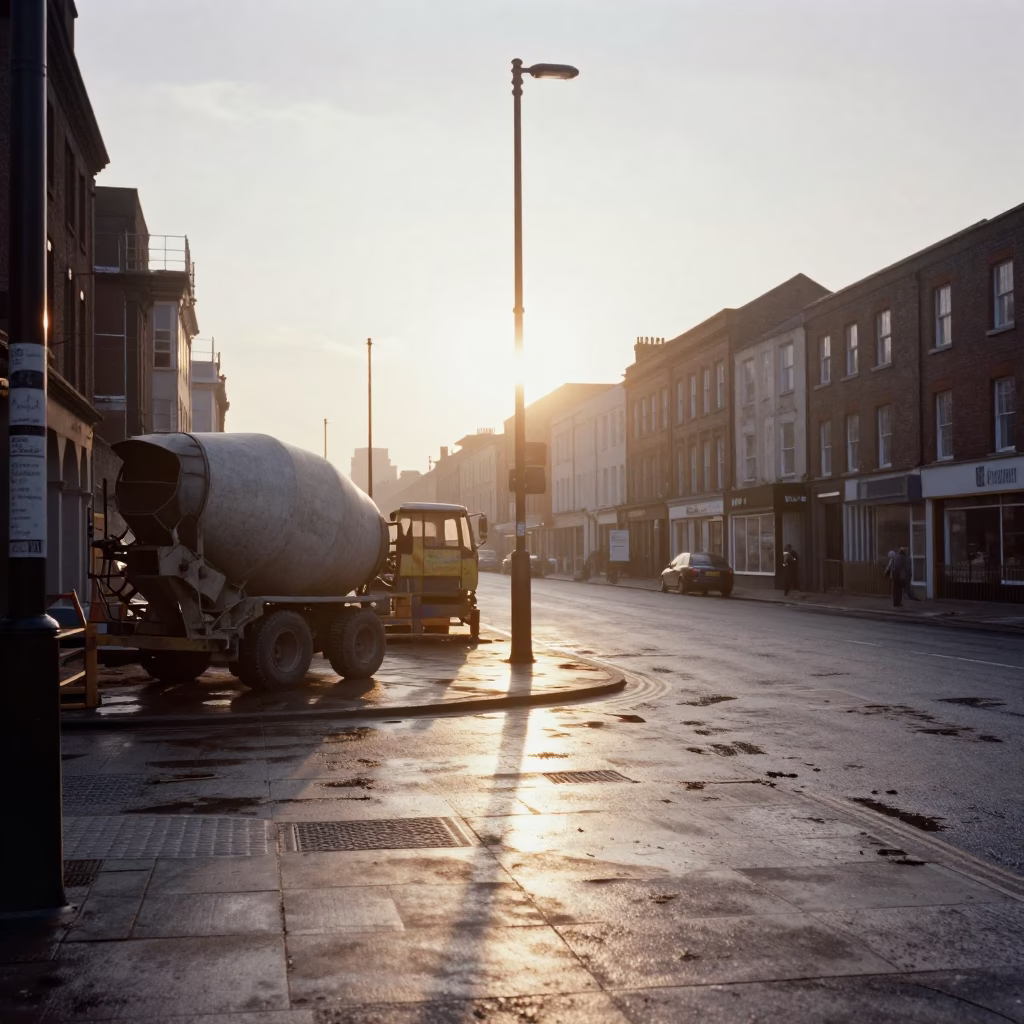 Morning Light on Liverpool Street Corner with Construction and Railway Infrastructure in in Liverpool, United Kingdom