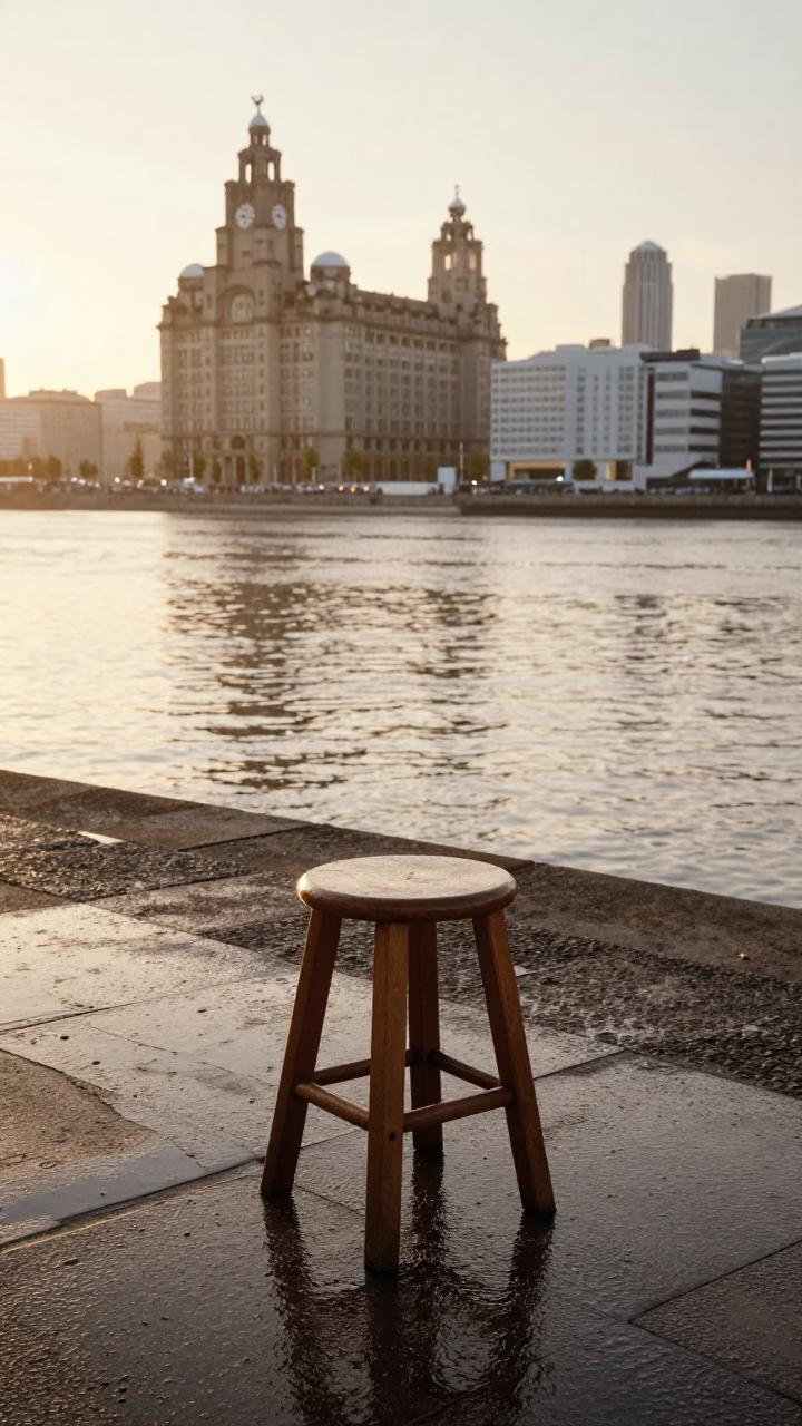 Morning Light on Liverpool Waterfront Quay with Stool and City Skyline in in Liverpool, United Kingdom