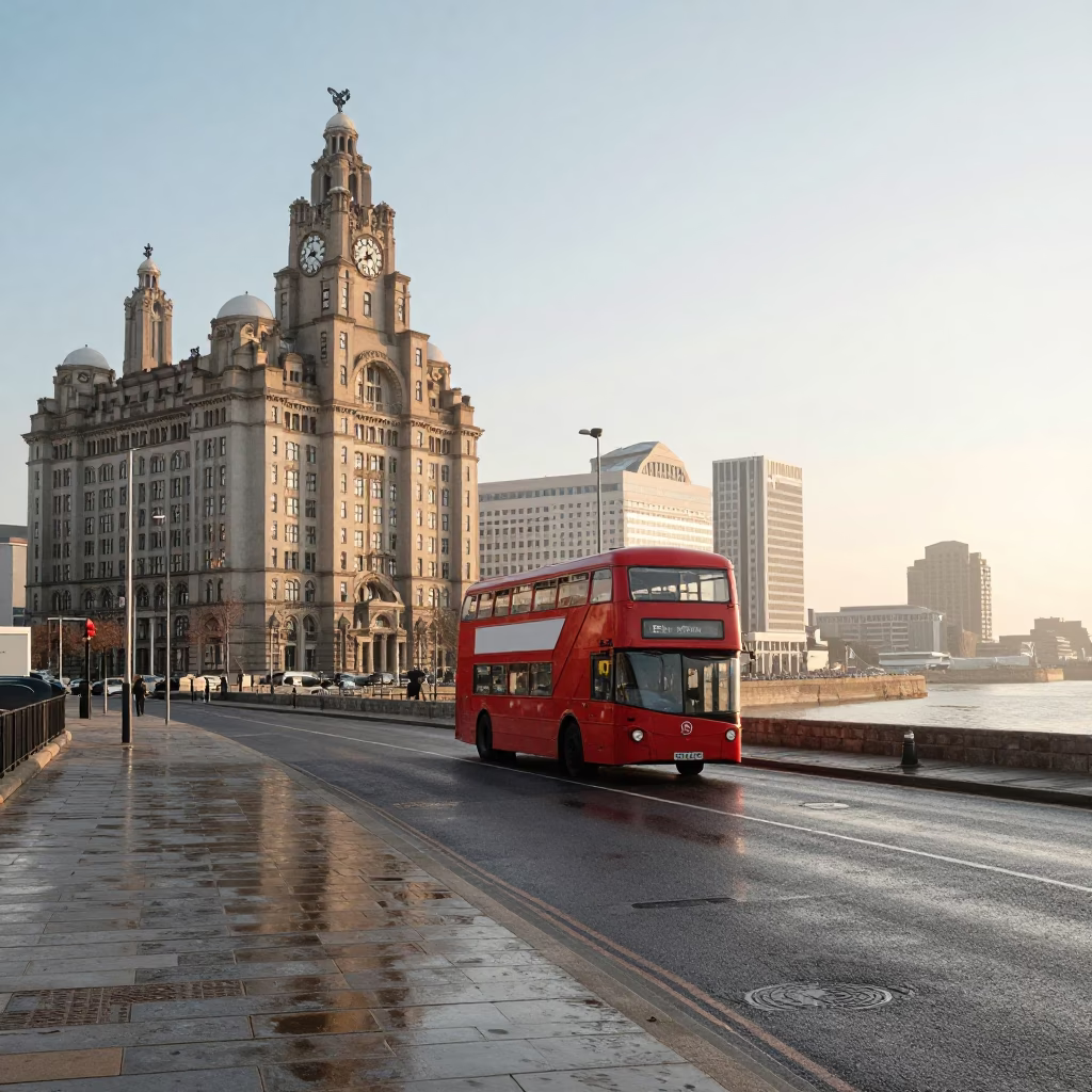 Morning Light on Liverpool Waterfront with Classic Bus and Paperbacks in in Liverpool, United Kingdom