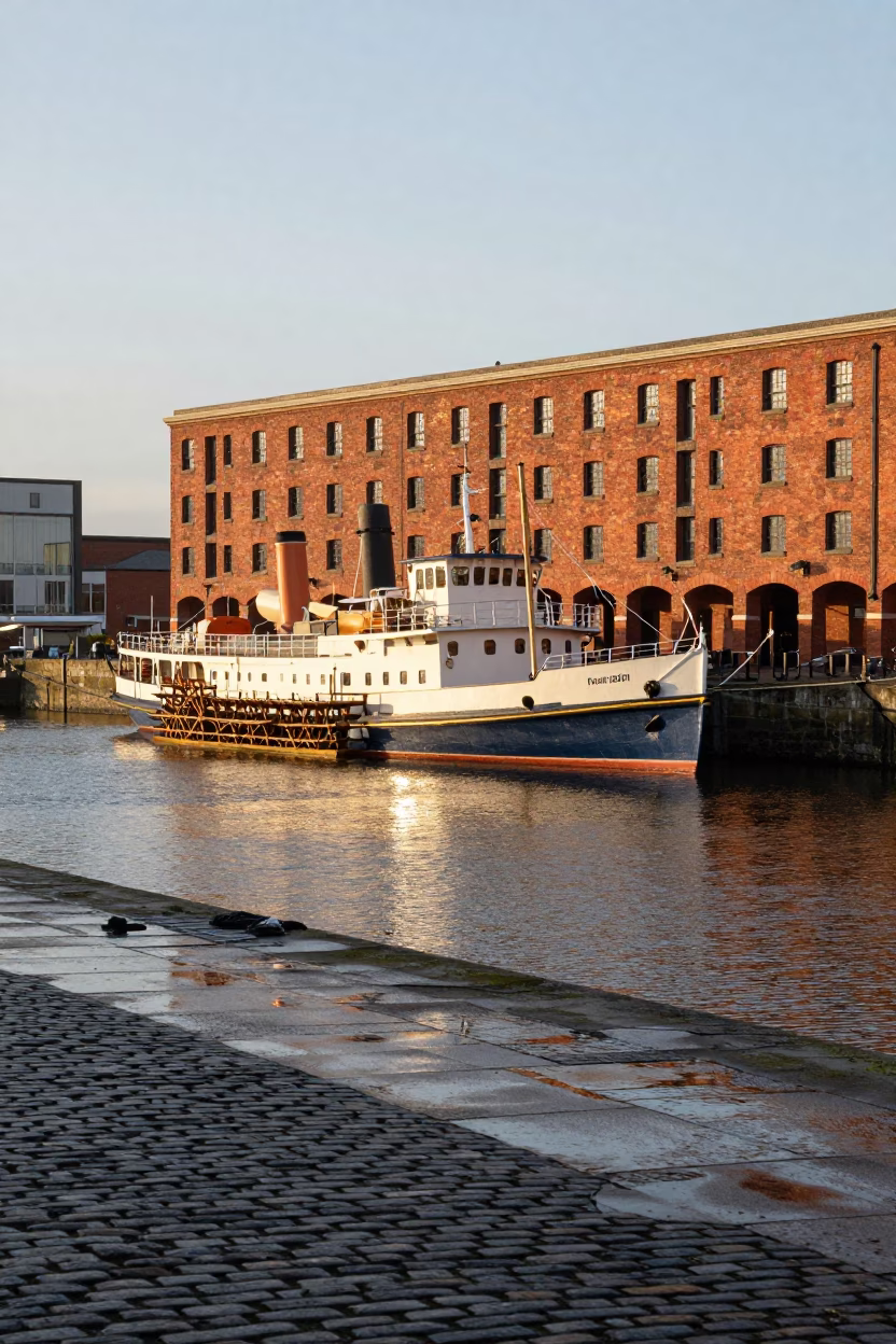 Morning light on Liverpool waterfront with paddlewheel steamboat and historic dock architecture in in Liverpool, United Kingdom