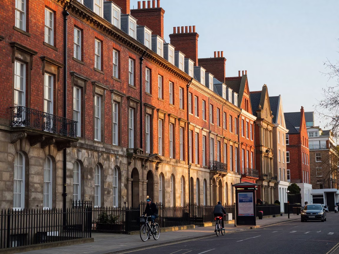 Morning Light on Liverpool’s Georgian Architecture Street Scene with Local Life in in Liverpool, United Kingdom