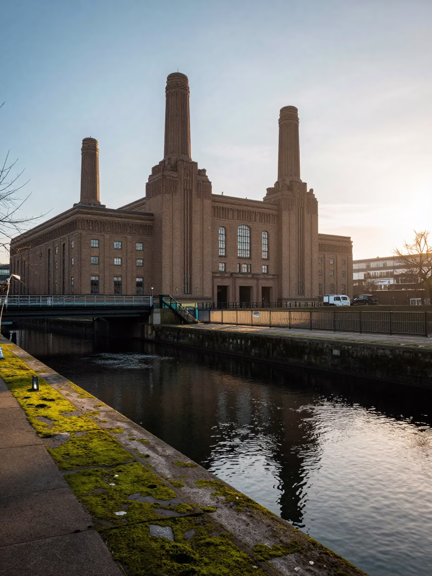 Morning Light on London Canal Pumping Station with Mossy Stone Walls and Bracket Fungus in in London, United Kingdom