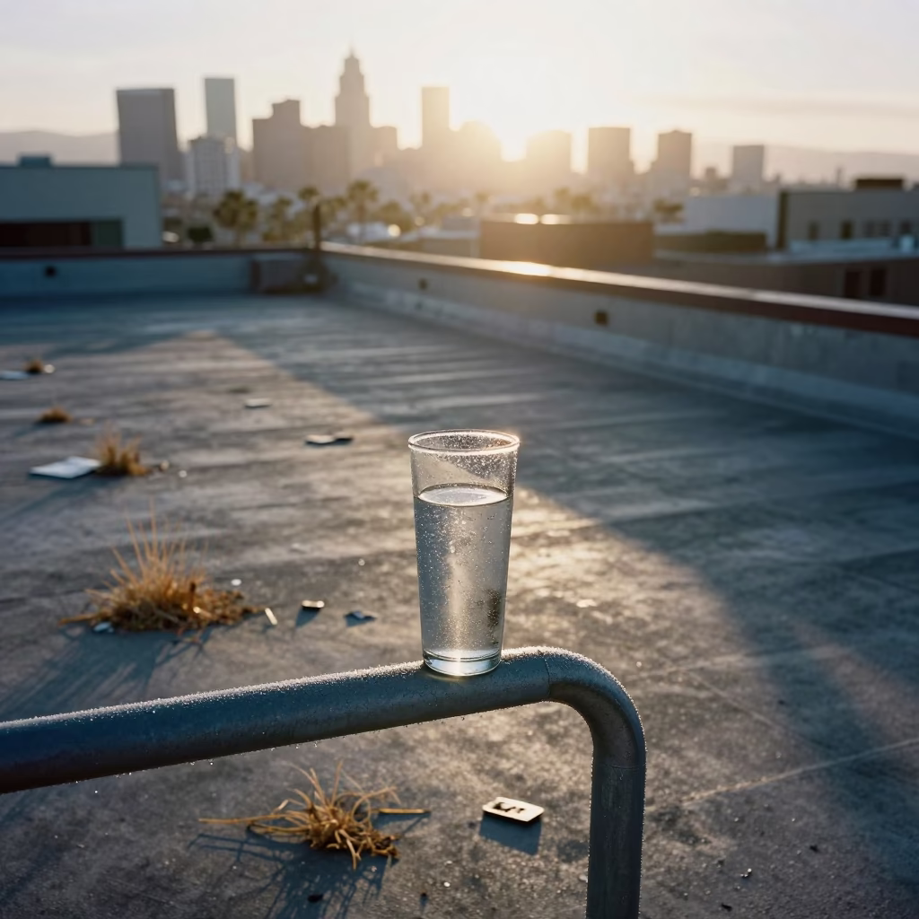 Morning Light on Los Angeles Rooftop with Condensation on Handle and Glass Vase in in Los Angeles, California, United States