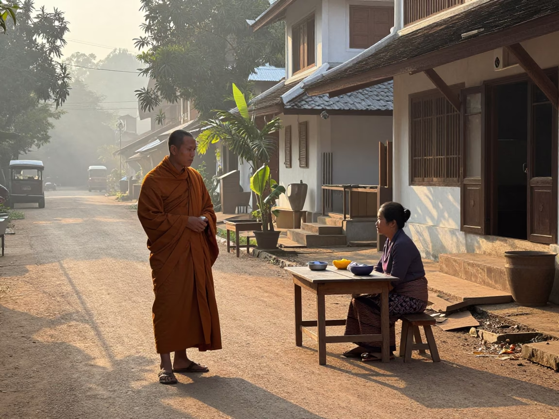 Morning Light on Luang Prabang Street with Monk Alms and Ceramic Bowl in in Luang Prabang, Laos