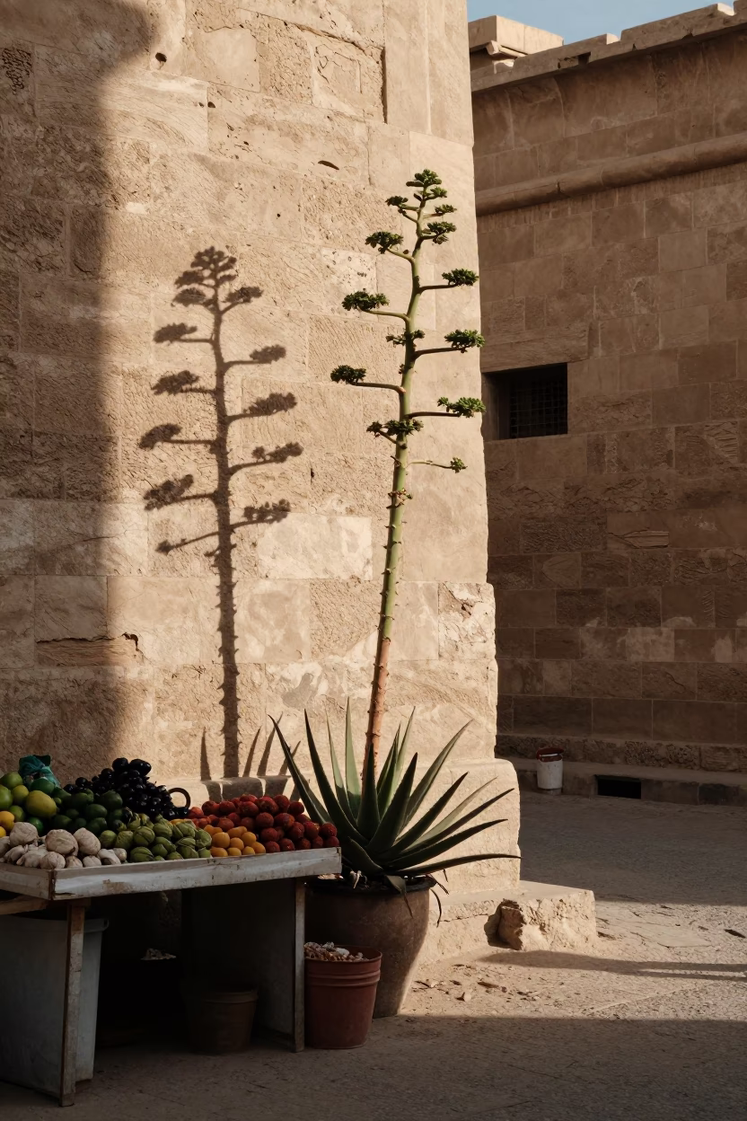 Morning light on Luxor street with aloe vera plant and rustic mirror in Egypt in in Luxor, Egypt