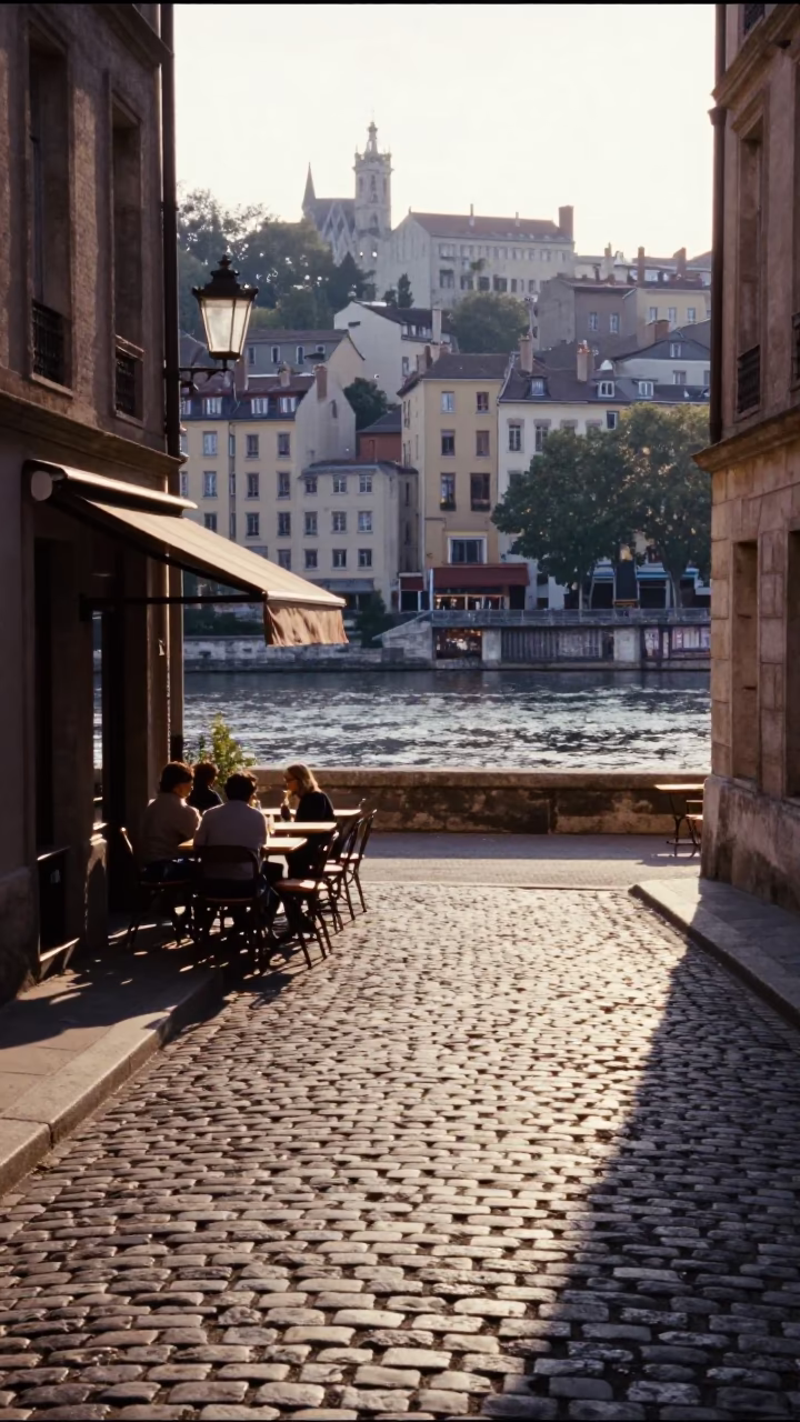 Morning light on Lyon cobblestones near Saone river with cafe terrace in in Lyon, France