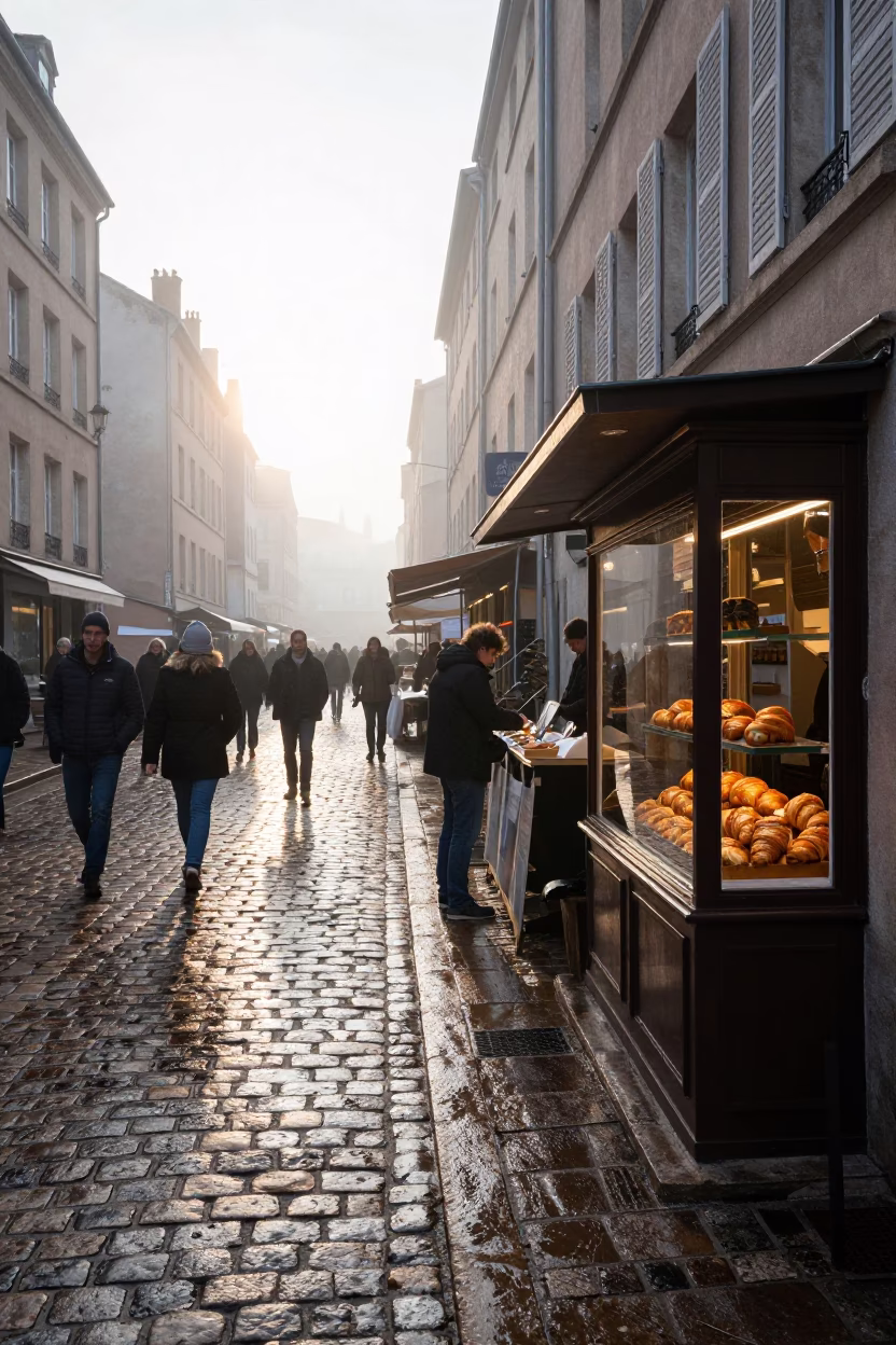 Morning Light on Lyon Cobblestones with Local Market Stalls and Traditional Architecture in in Lyon, France