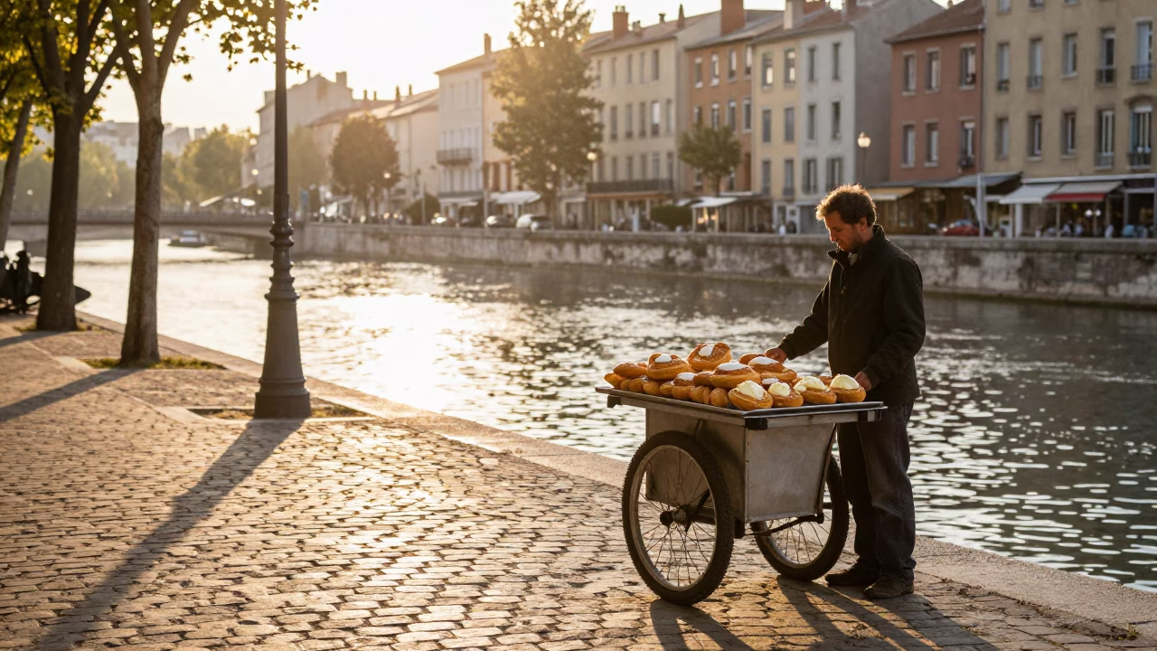 Morning Light on Lyon Quayside Street Scene with Local Bakery Display in in Lyon, France