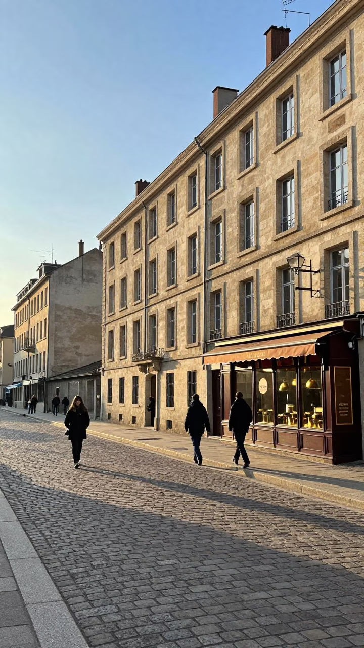 Morning Light on Lyon's Quai Saint-Vincent with Traditional Café and River View in in Lyon, France