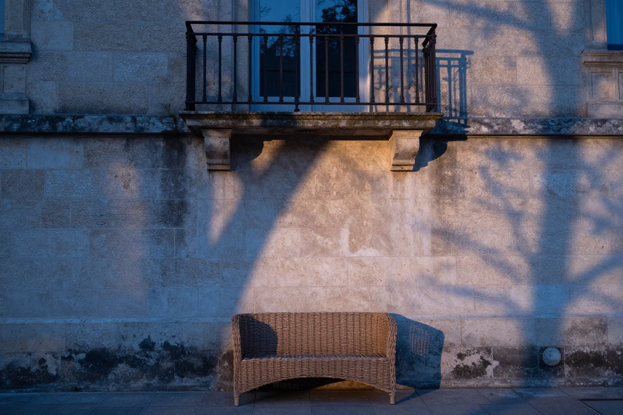 Morning Light on Lyon Stone Facades with Wicker Bench Shadow Before Sunrise in in Lyon, France