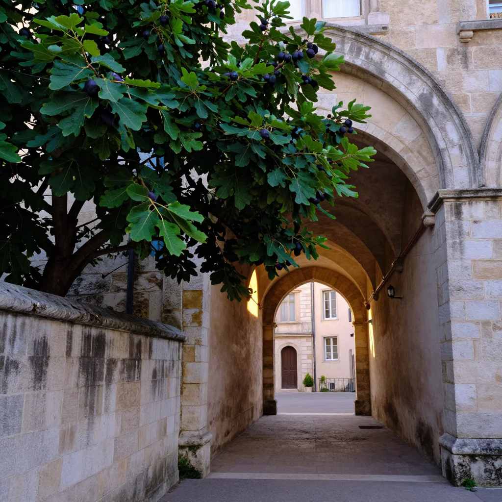 Morning light on Lyon traboule archway with fig tree and street vendor in in Lyon, France