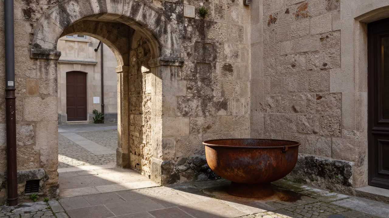 Morning Light on Lyon Traboule Courtyard with Rusty Basin and Vintage Tea Stains in in Lyon, France
