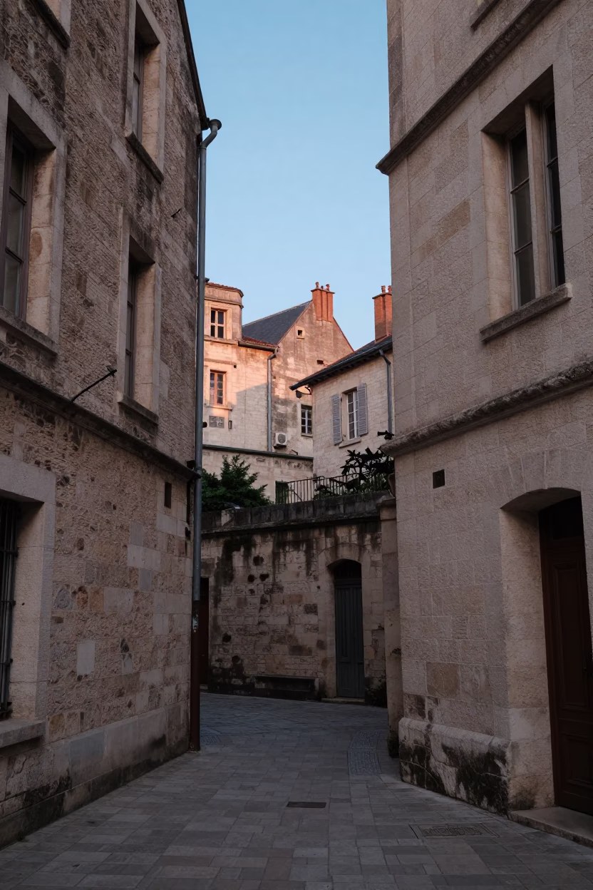 Morning light on Lyon traboules and stone architecture at nautical dawn in in Lyon, France