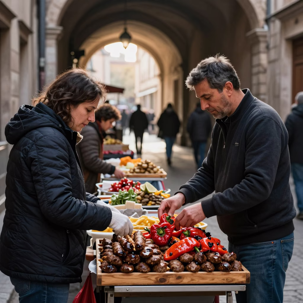 Morning light on Lyon traboules with street vendors and colorful awnings in in Lyon, France