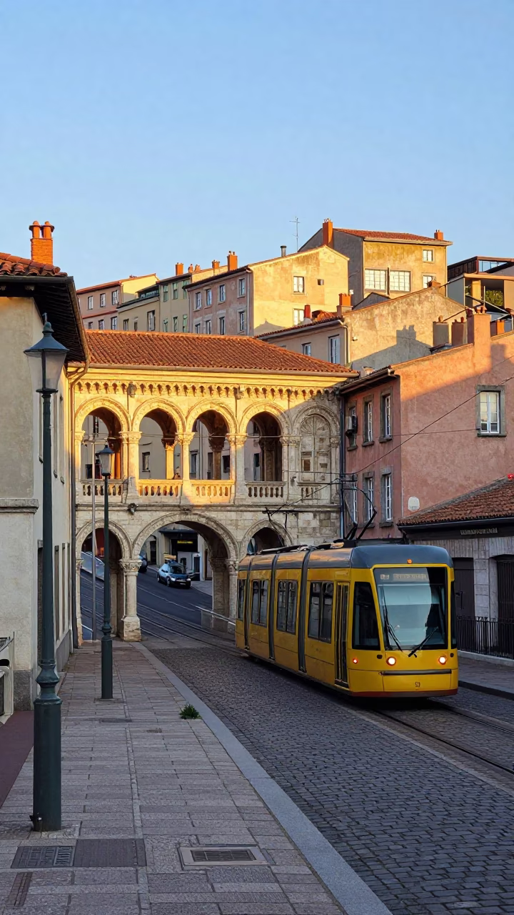 Morning light on Lyon traboules with tram and street food in in Lyon, France