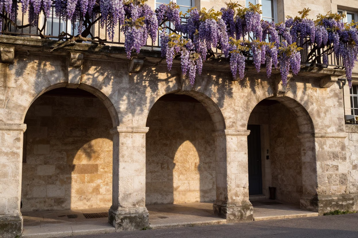 Morning Light on Lyon Traboules with Wisteria and Boot Scraper in in Lyon, France