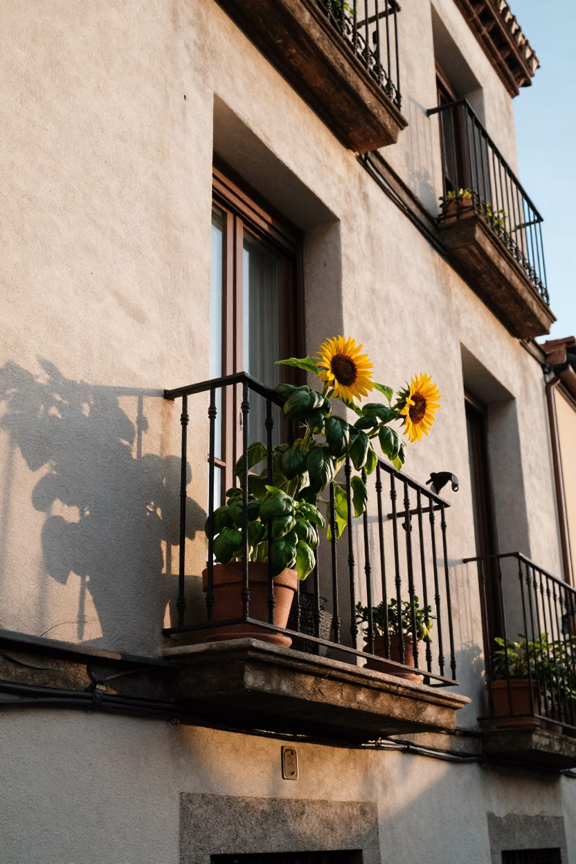 Morning light on Madrid balcony with basil and sunflowers near Plaza Mayor in in Madrid, Spain