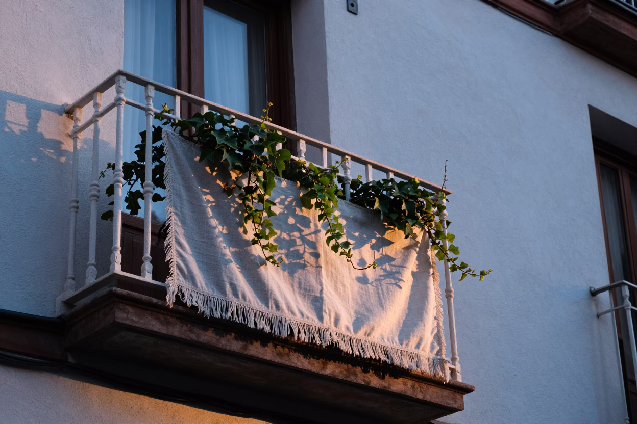 Morning Light on Madrid Balcony with Linen Fringe and Window Box Plants in in Madrid, Spain