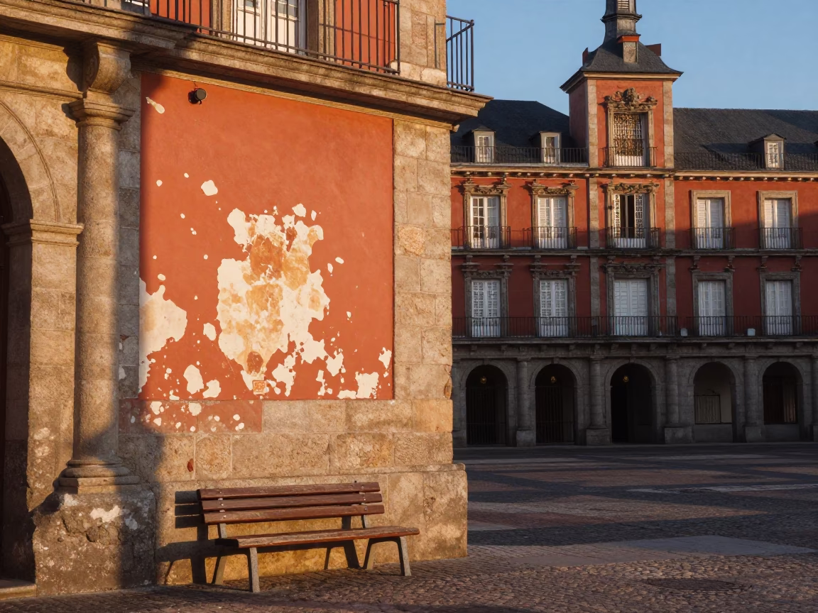 Morning Light on Madrid Plaza Mayor Stone Facades with Local Street Details in in Madrid, Spain