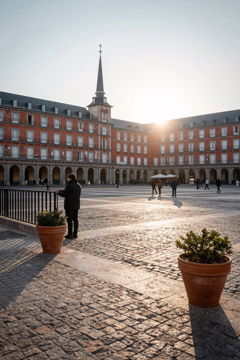Morning Light on Madrid Plaza Square with Terracotta Pots and Local Street Life in in Madrid, Spain