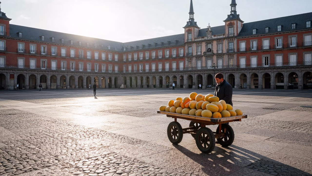 Morning Light on Madrid Plaza Street Scene with Melons and Local Market Activity in in Madrid, Spain