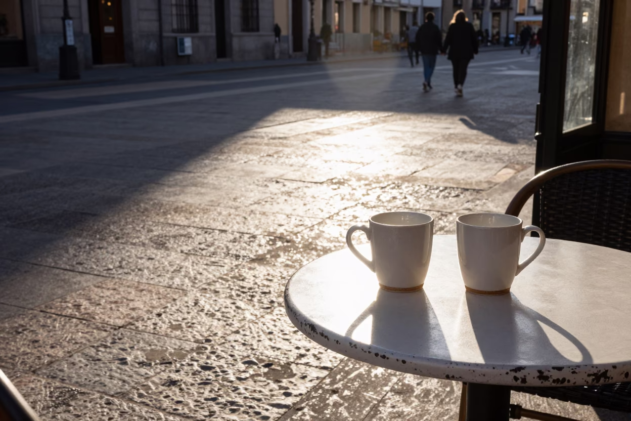 Morning light on Madrid street corner with ceramic mugs and glass cloche in in Madrid, Spain