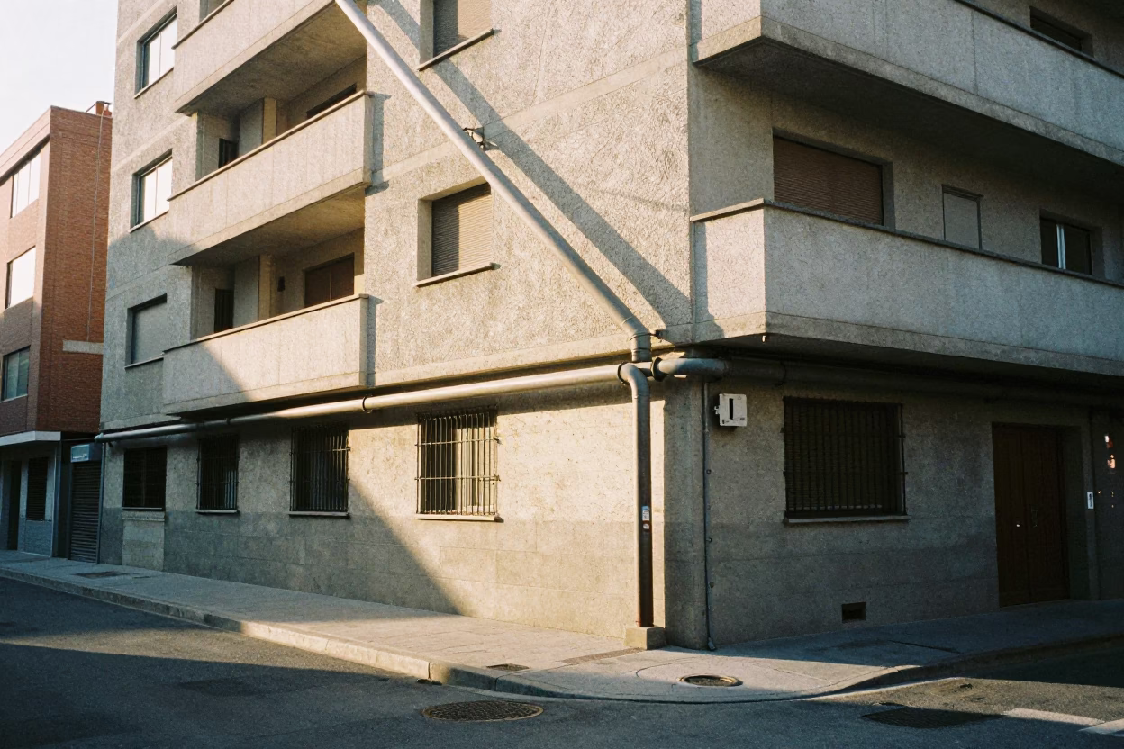 Morning light on Madrid street with heating pipes and old trolley tracks in in Madrid, Spain