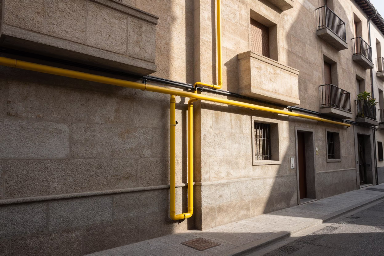 Morning light on Madrid street with heating pipes and stray cat in in Madrid, Spain