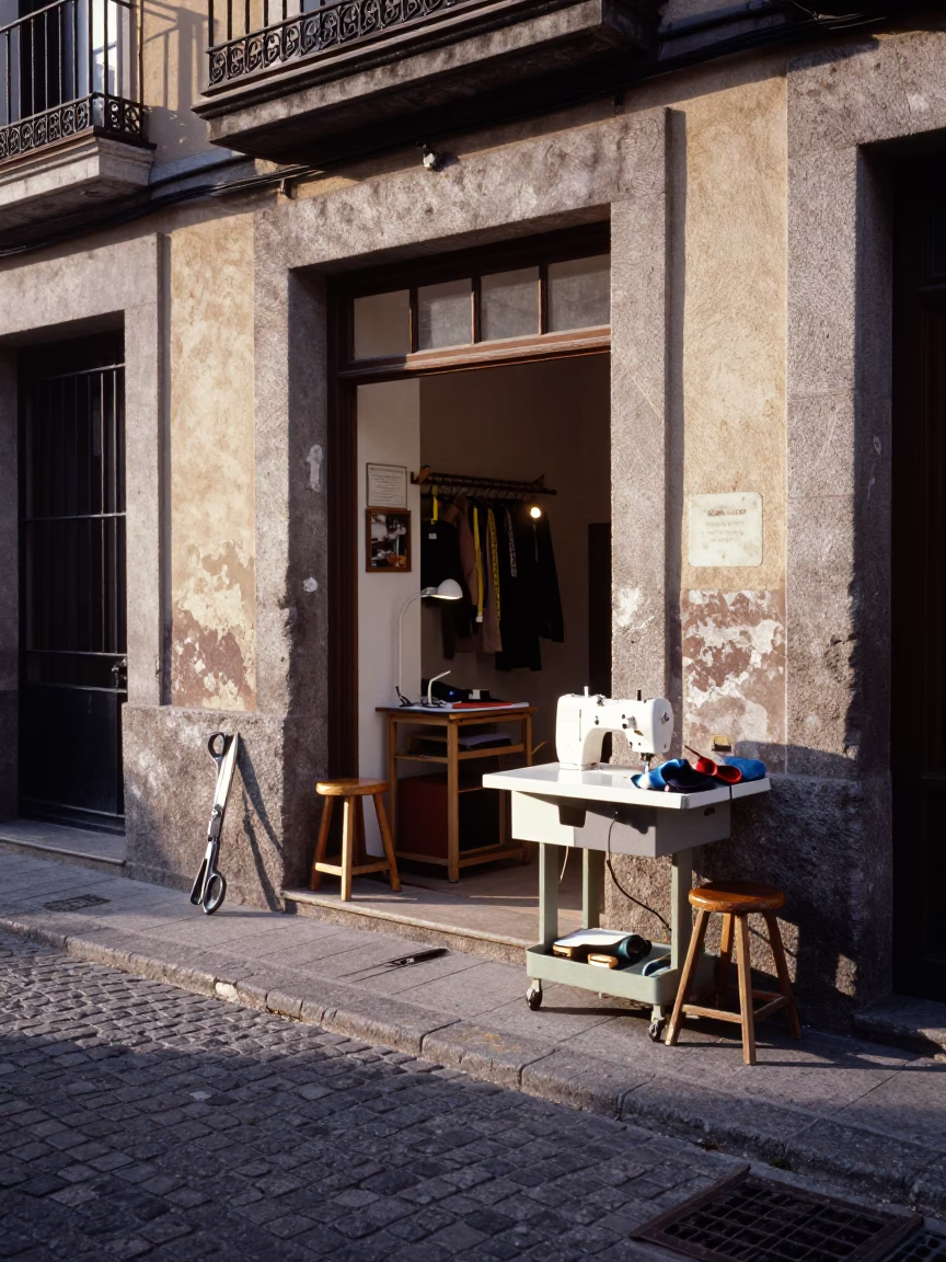 Morning Light on Madrid Street with Sewing Scissors and Work Stool in in Madrid, Spain