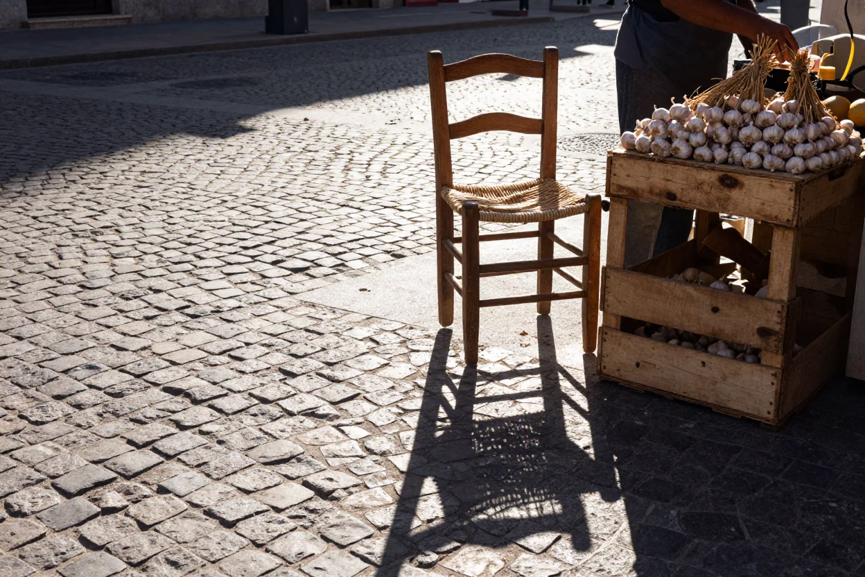 Morning Light on Madrid Street with Wicker Shadow and Garlic Market Stall in in Madrid, Spain