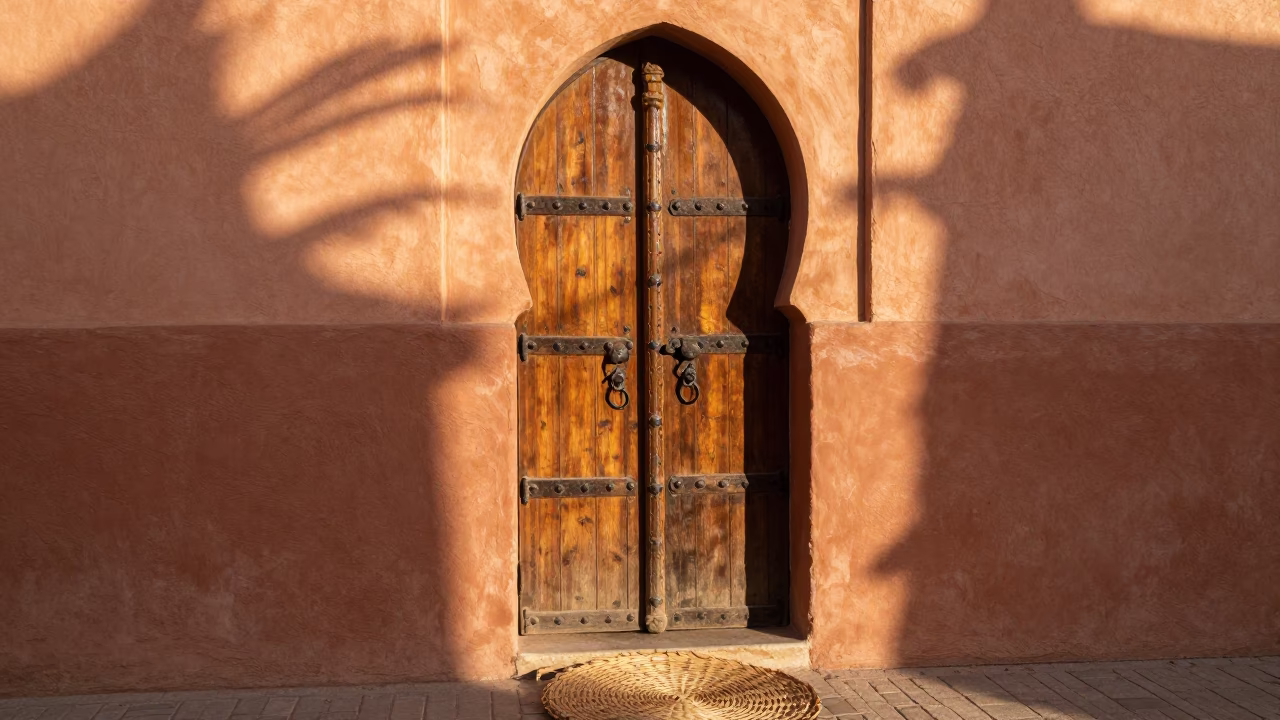 Morning Light on Marrakech Medina Door with Wicker Shadow and Traditional Mat in in Marrakech, Morocco