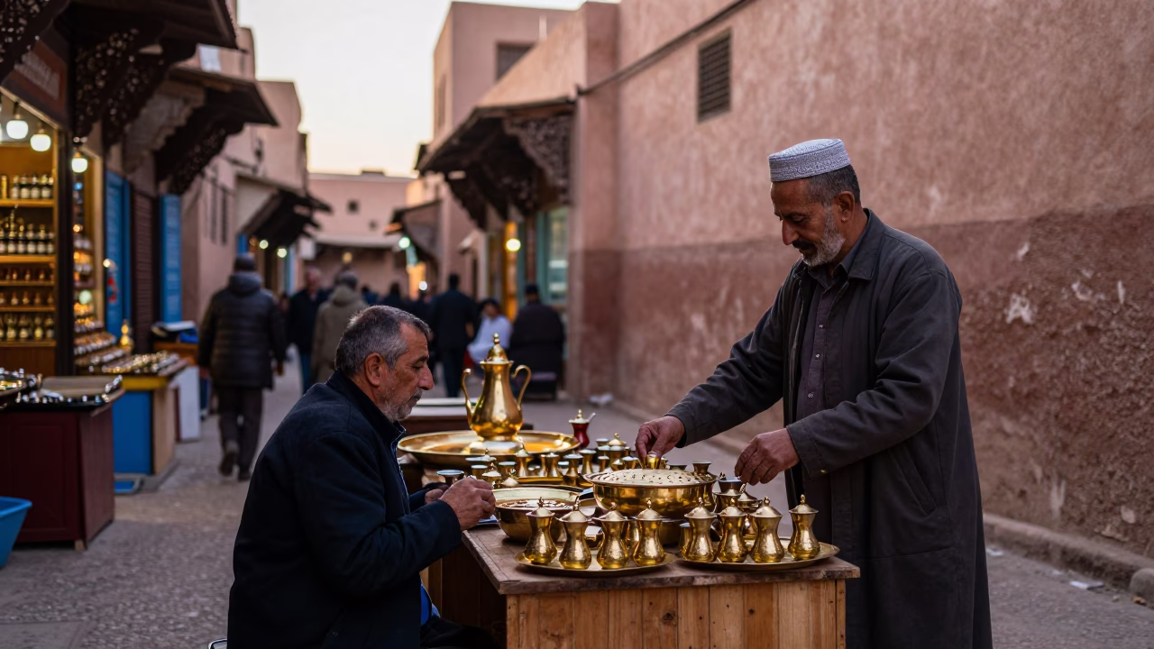 Morning light on Marrakech souk stalls with tea trays and local vendors in in Marrakech, Morocco