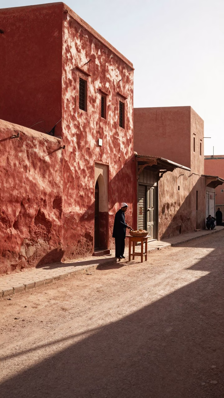 Morning light on Marrakech street with bread basket and leaf shadows in in Marrakech, Morocco