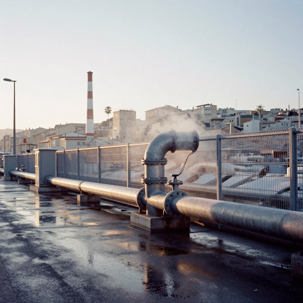 Morning light on Marseille harbor district heating pipes and rain puddles in in Marseille, France