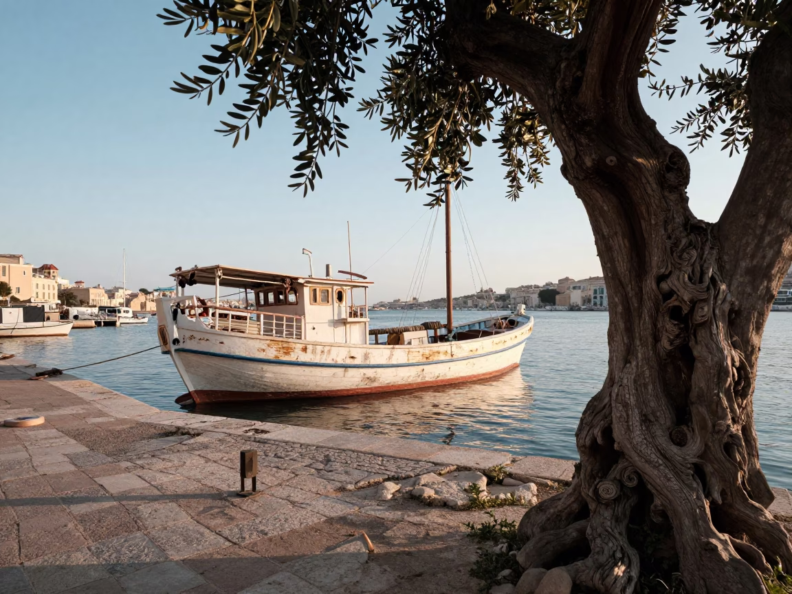 Morning Light on Marseille Harbor Junk Boat with Gnarled Olive Tree Shadows in in Marseille, France