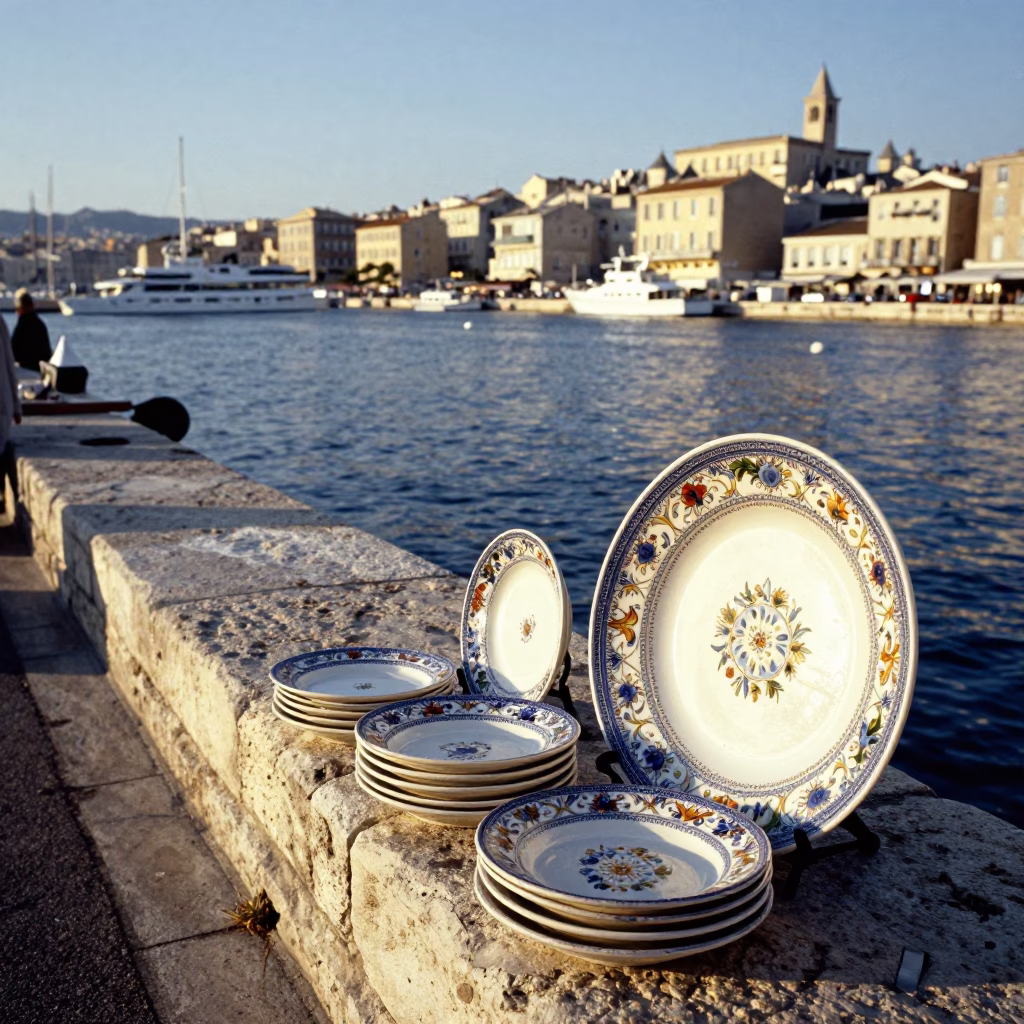 Morning light on Marseille harbor with vintage majolica plate and construction rebar in background in in Marseille, France