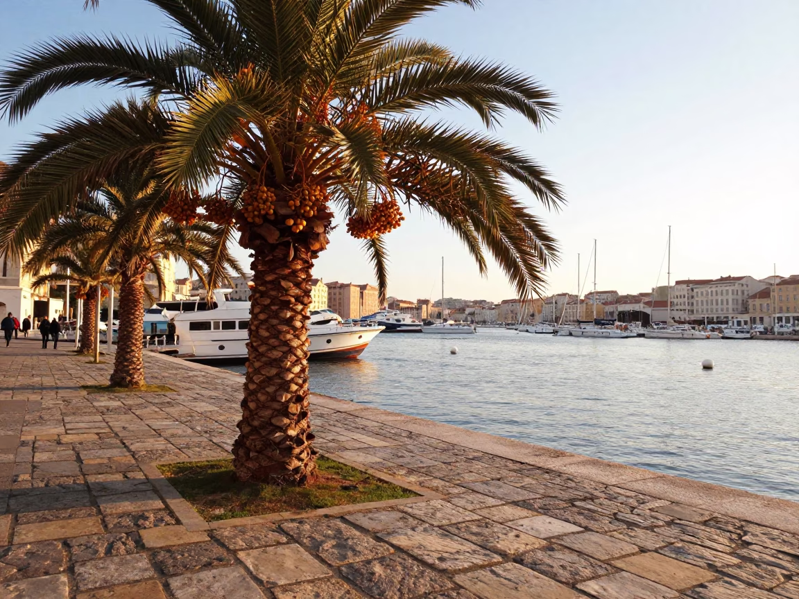Morning Light on Marseille Old Port with Date Palm and Steel Basin in in Marseille, France