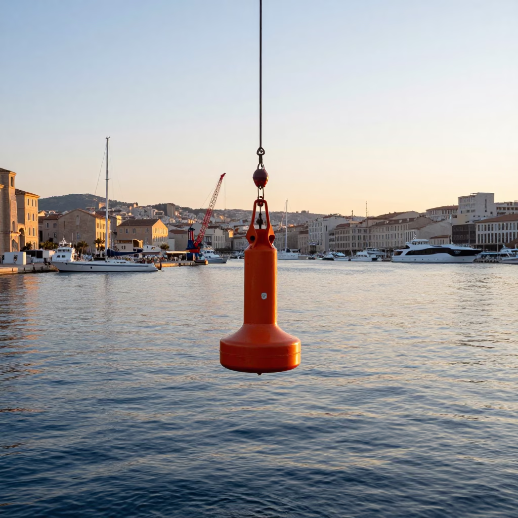Morning Light on Marseille Old Port with Hydrophone Buoy and Fishing Boats in in Marseille, France