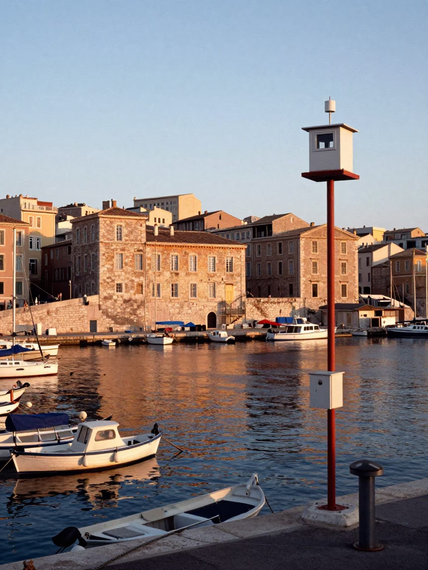 Morning Light on Marseille Old Port with Weather Station and Ceramic Bowl in in Marseille, France