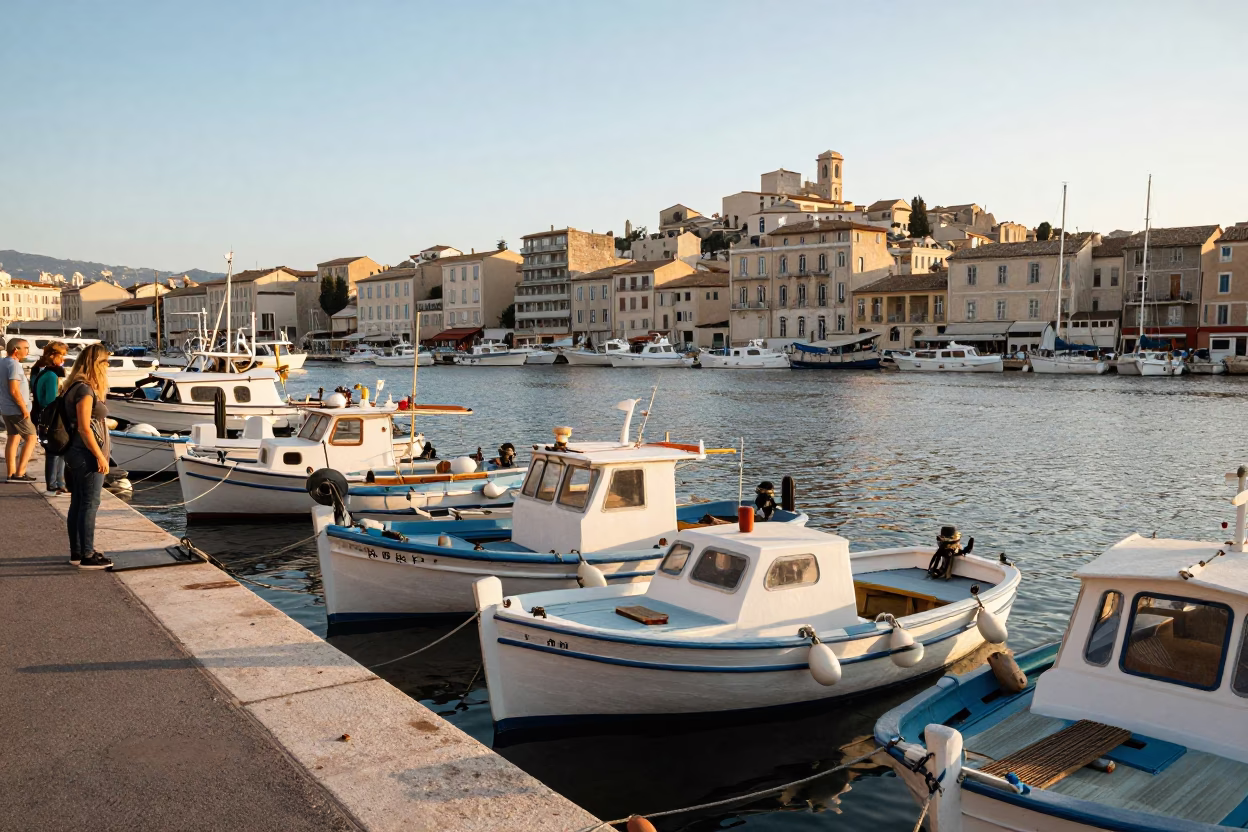 Morning light on Marseille port with tourists and fishing boats in in Marseille, France
