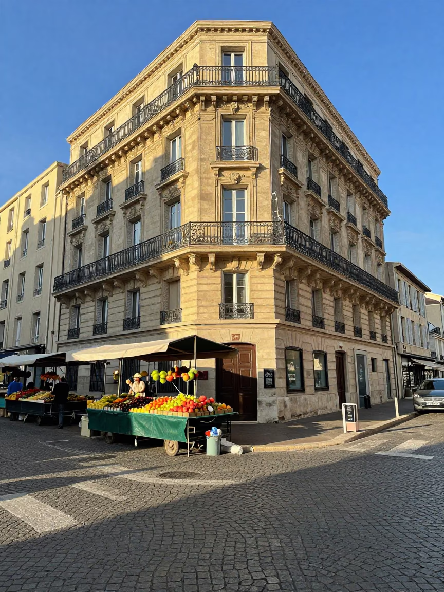 Morning light on Marseille street corner with local market goods and urban architecture in in Marseille, France
